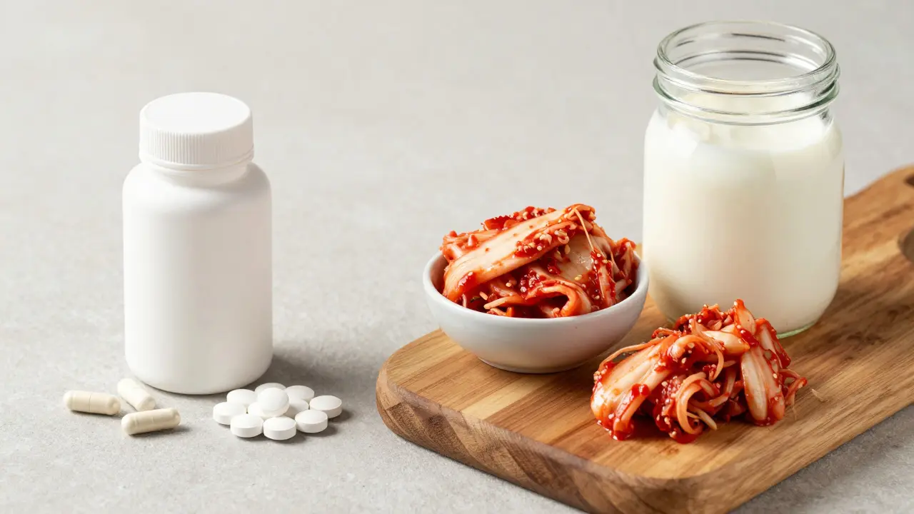 Srovnání probiotických doplňků a fermentovaných potravin jako kefíru a kimchi