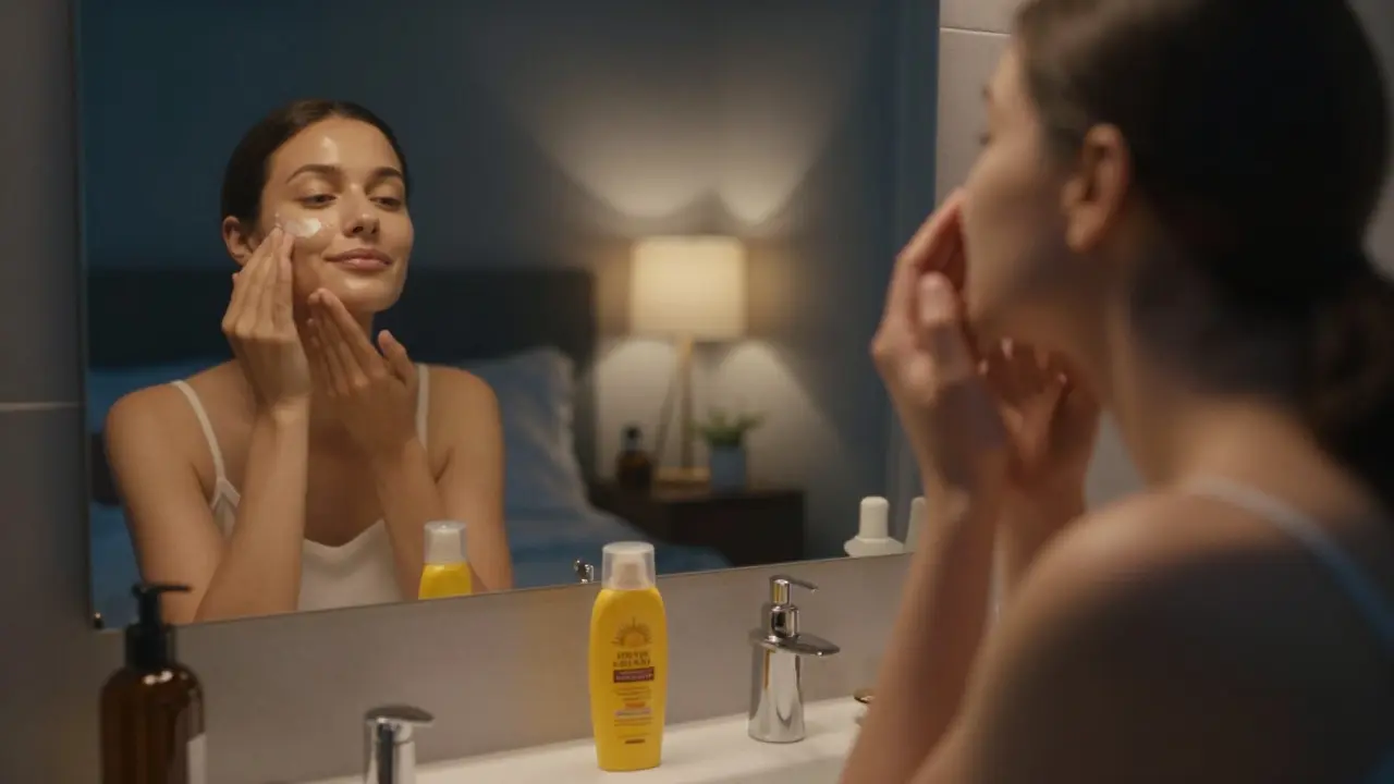 Woman applying night serum in a dimly lit bathroom with sunscreen nearby