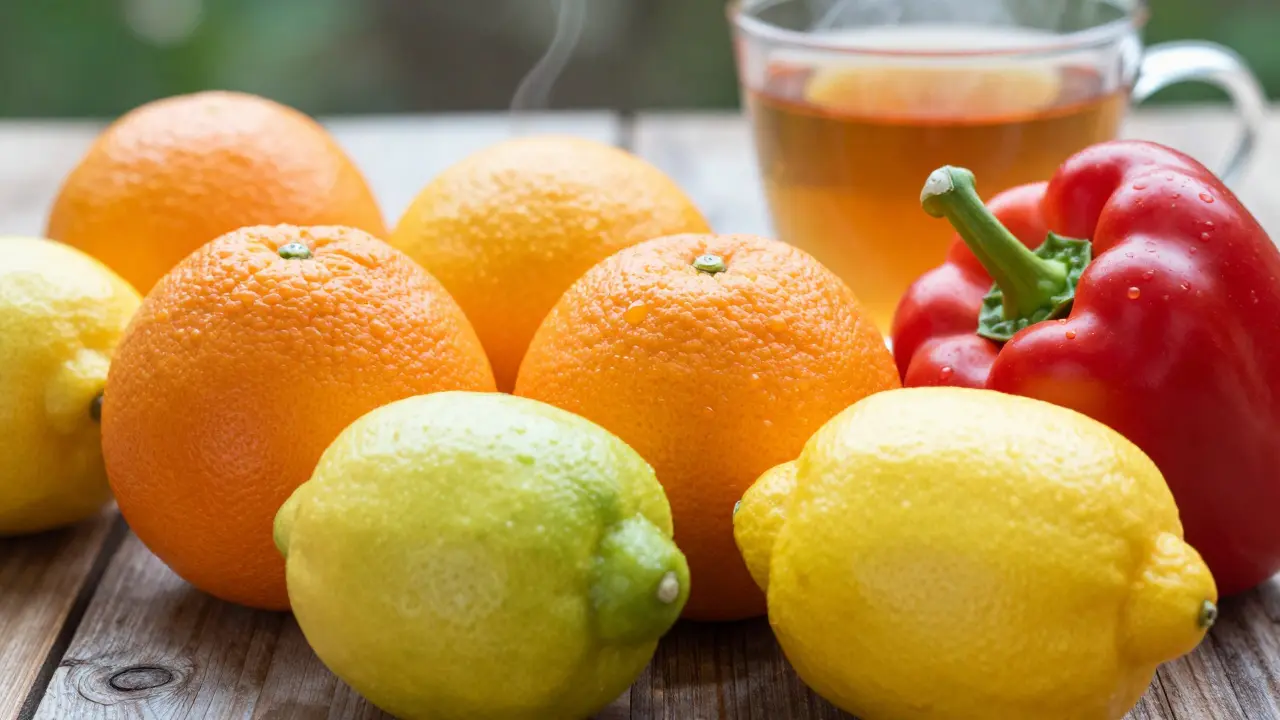 Čerstvé citrusy a papriky na dřevěném stole při ranním slunci