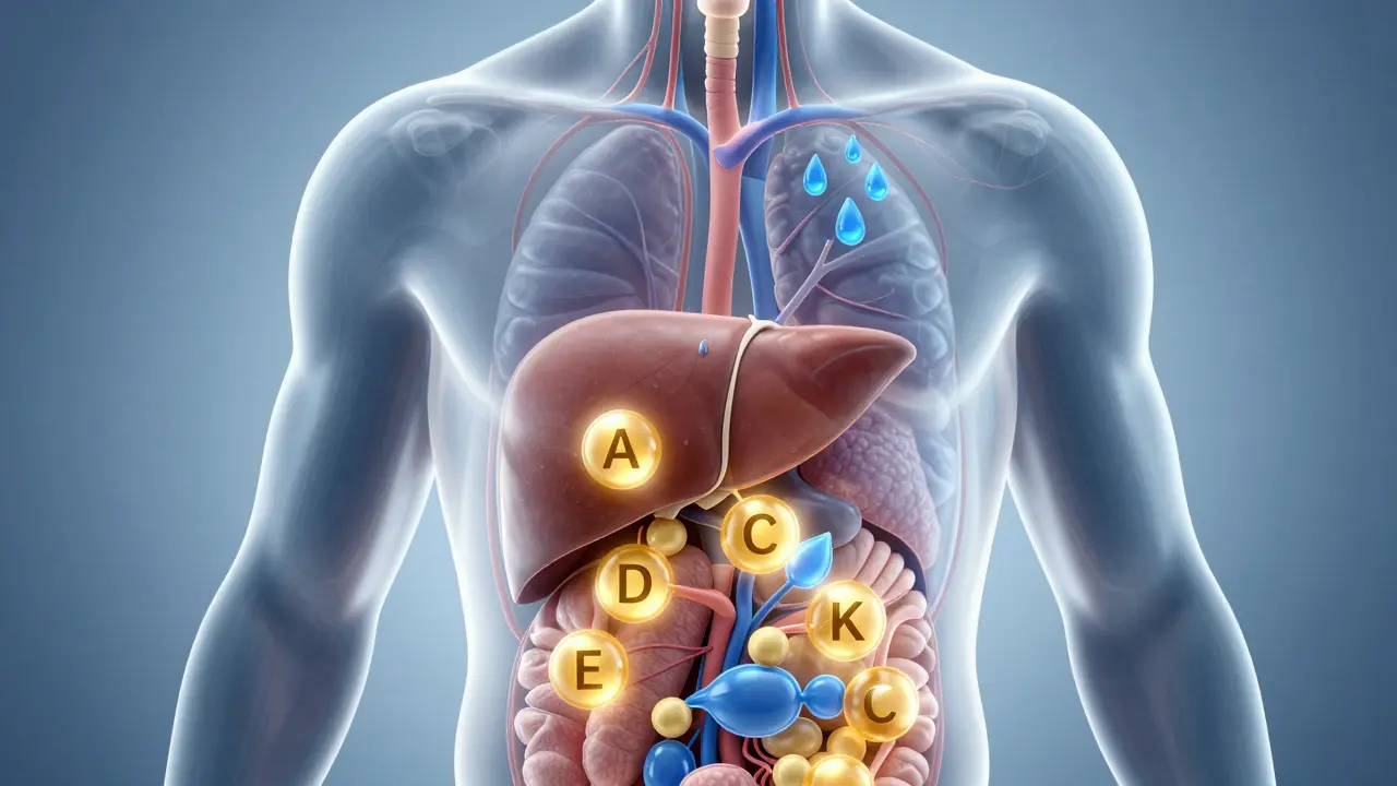 Ilustrace lidského těla ukazující ukládání vitamínů v orgánech