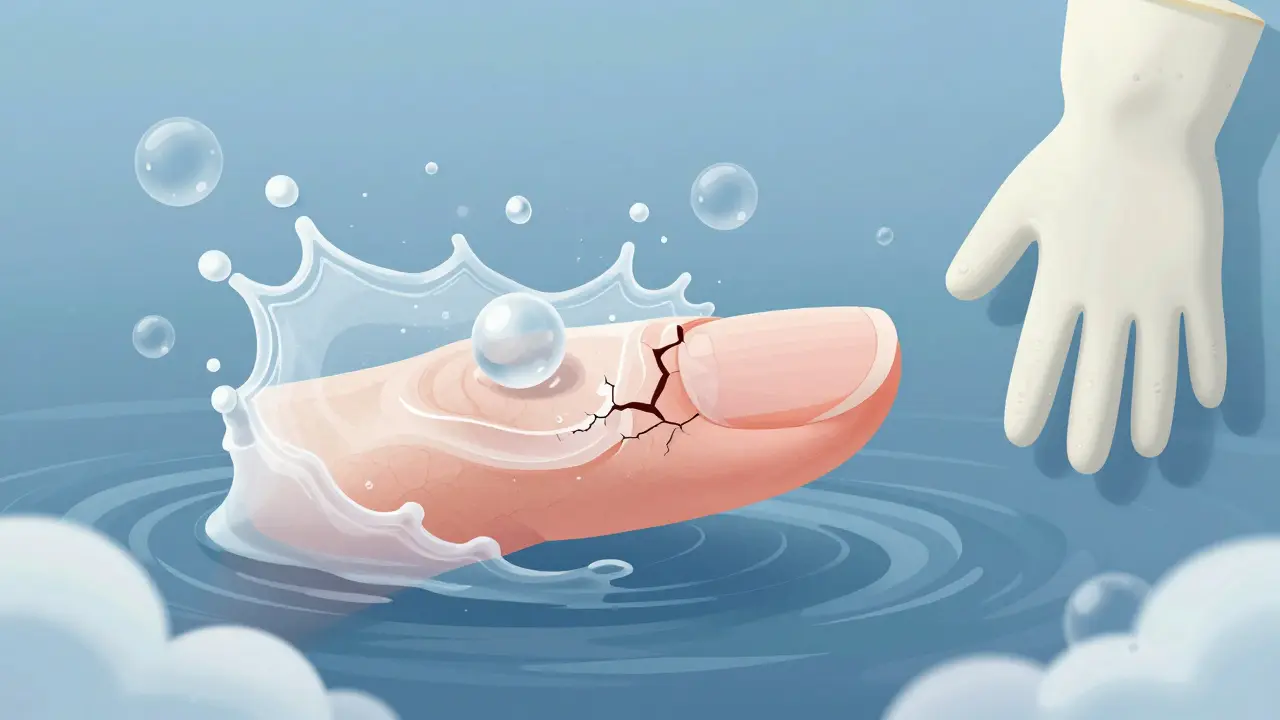 Ilustrace ukazující, jak voda způsobuje bobtnání a praskání struktury nehtu