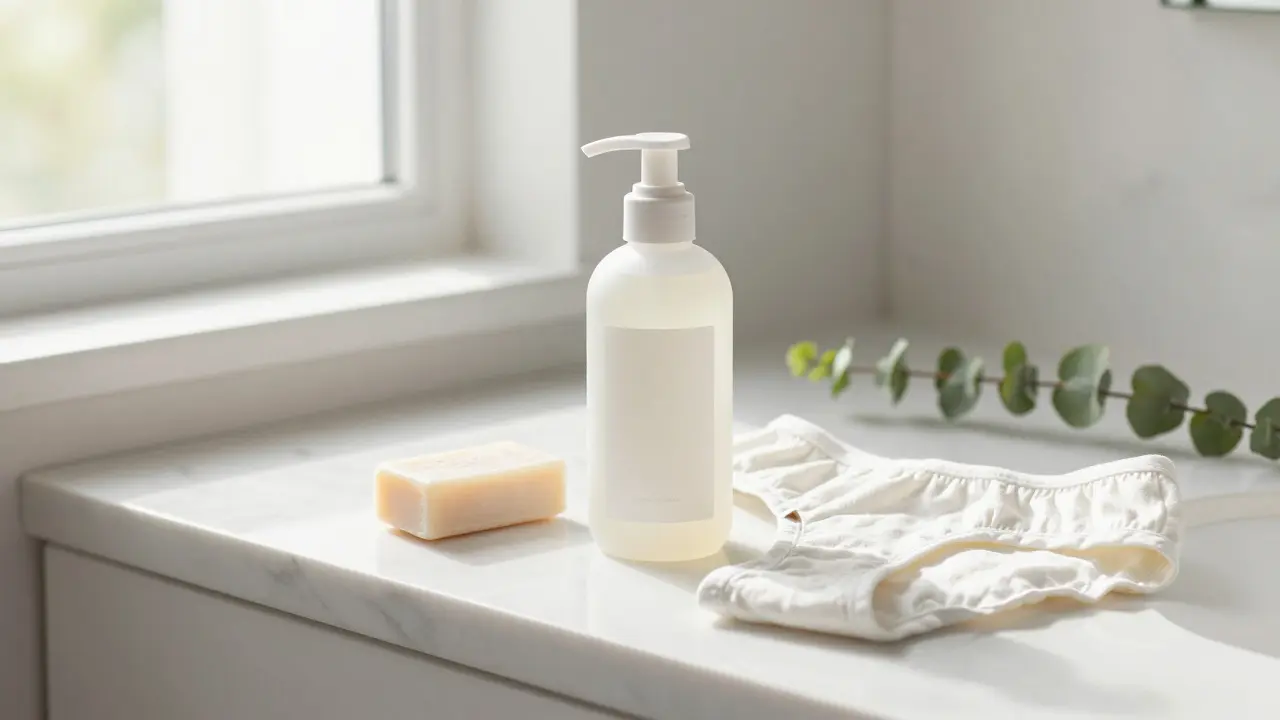 Intimní hygienické produkty na mramorovém pultu v koupelně