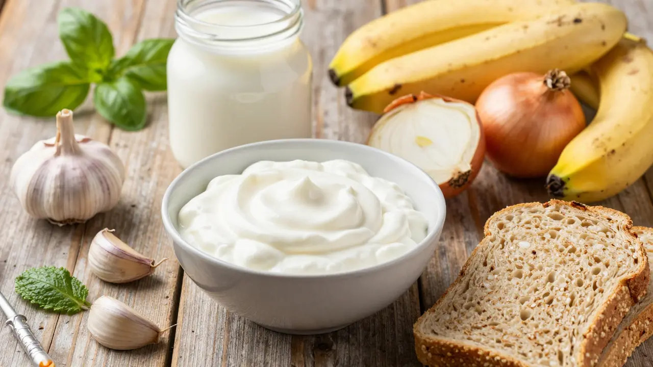 Jogurt, kefír a zelenina bohaté na prebiotika na dřevěném stole