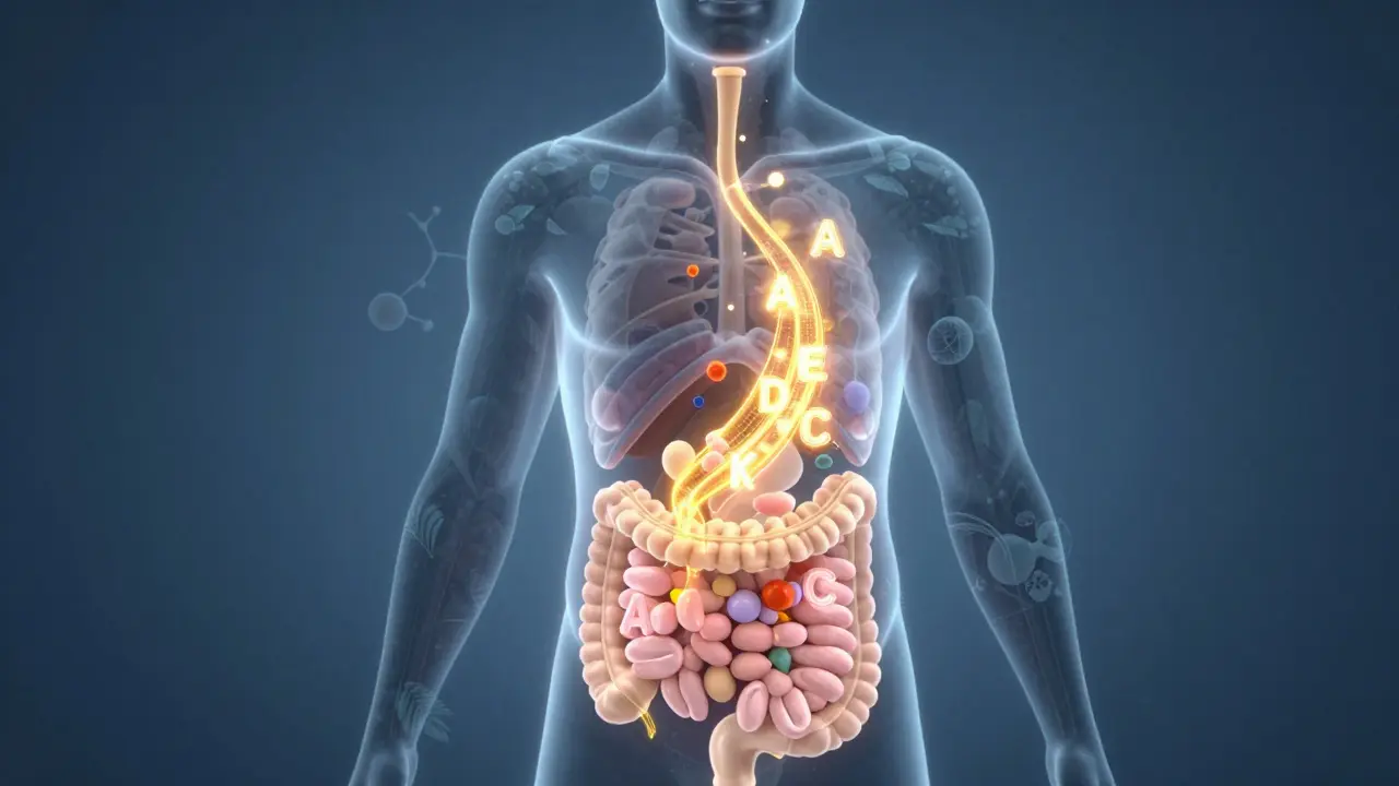 Konceptuální ilustrace vstřebávání vitamínů v lidském těle