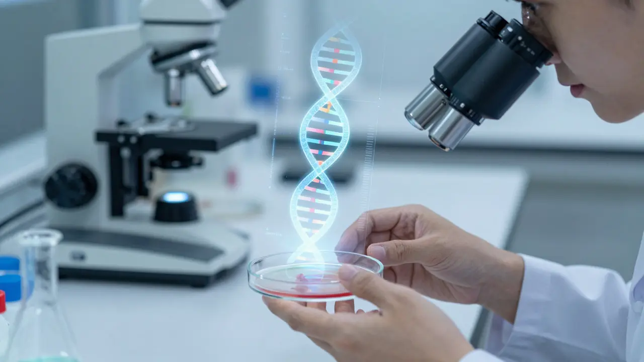 Laboratorní scéna s mikroskopem a holografickou projekcí DNA pro testování