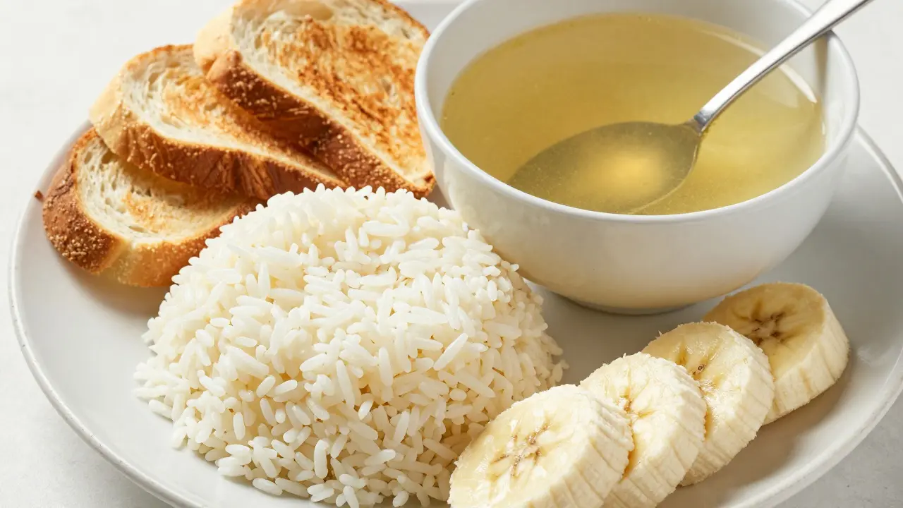 Miska s bílou rýží, suchary, banánem a kuřecím vývarem