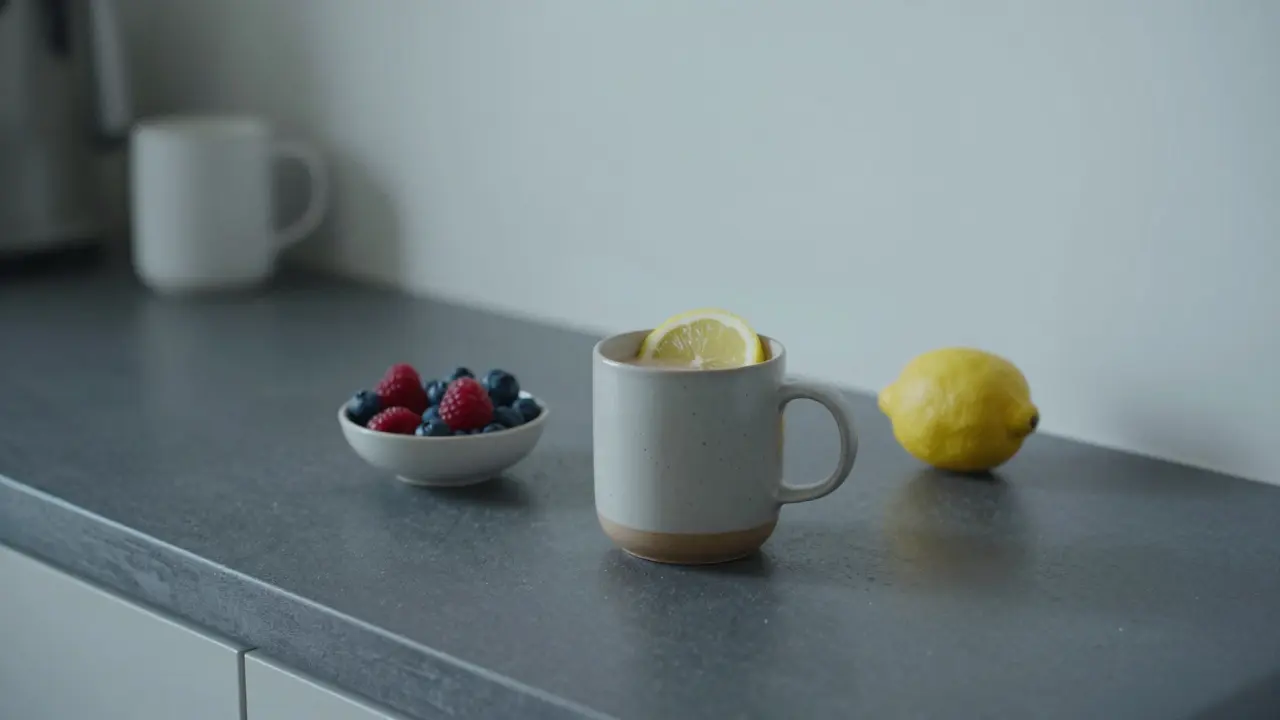 Ranní rituál: hrnek s nápojem z kolagenu a citronu v moderní kuchyni
