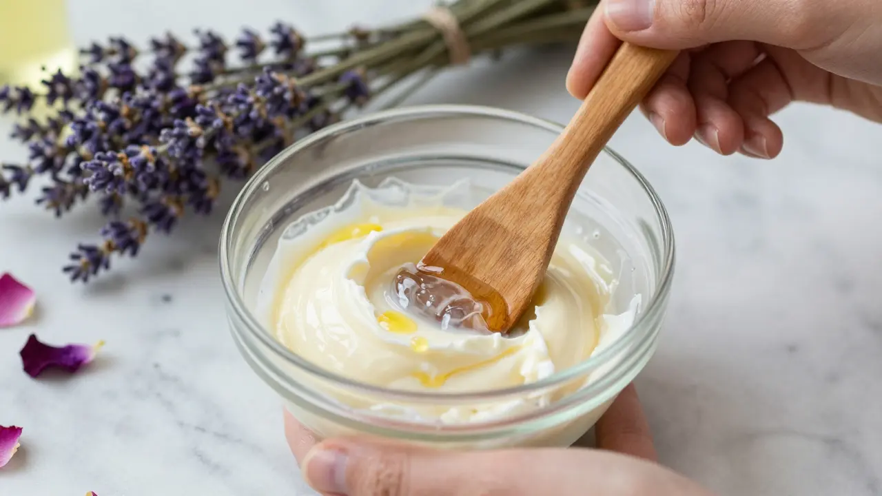 Ruce míchají domácí krém z aloe a shea másla ve skleněné misce