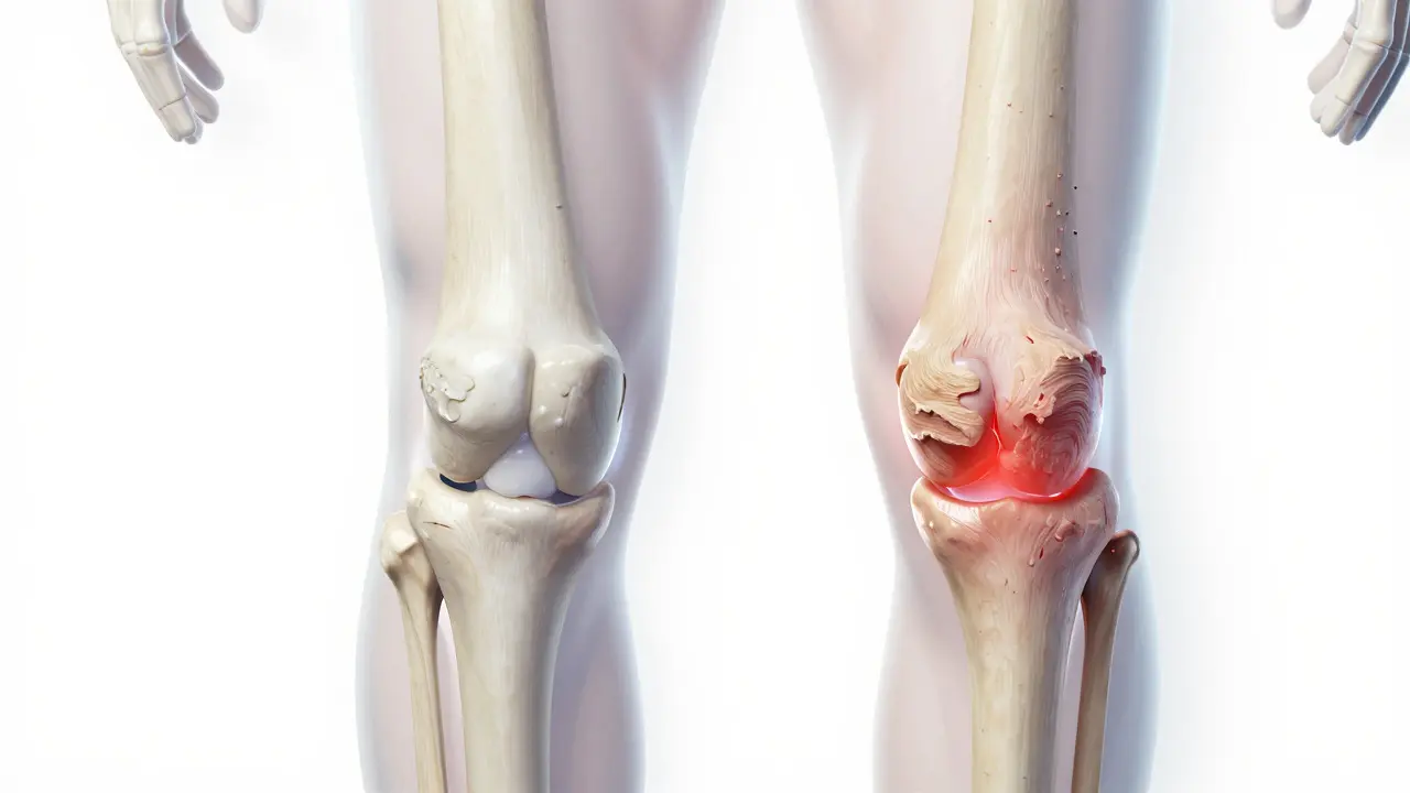 Anatomický pohled na kloub s poškozenou chrupavkou kvůli nedostatku kolagenu