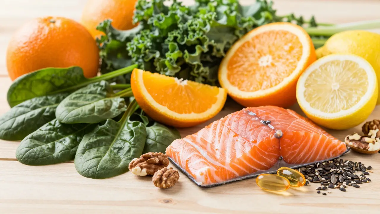 Čerstvé ovoce, zelenina a ryby jako přírodní zdroje vitamínů