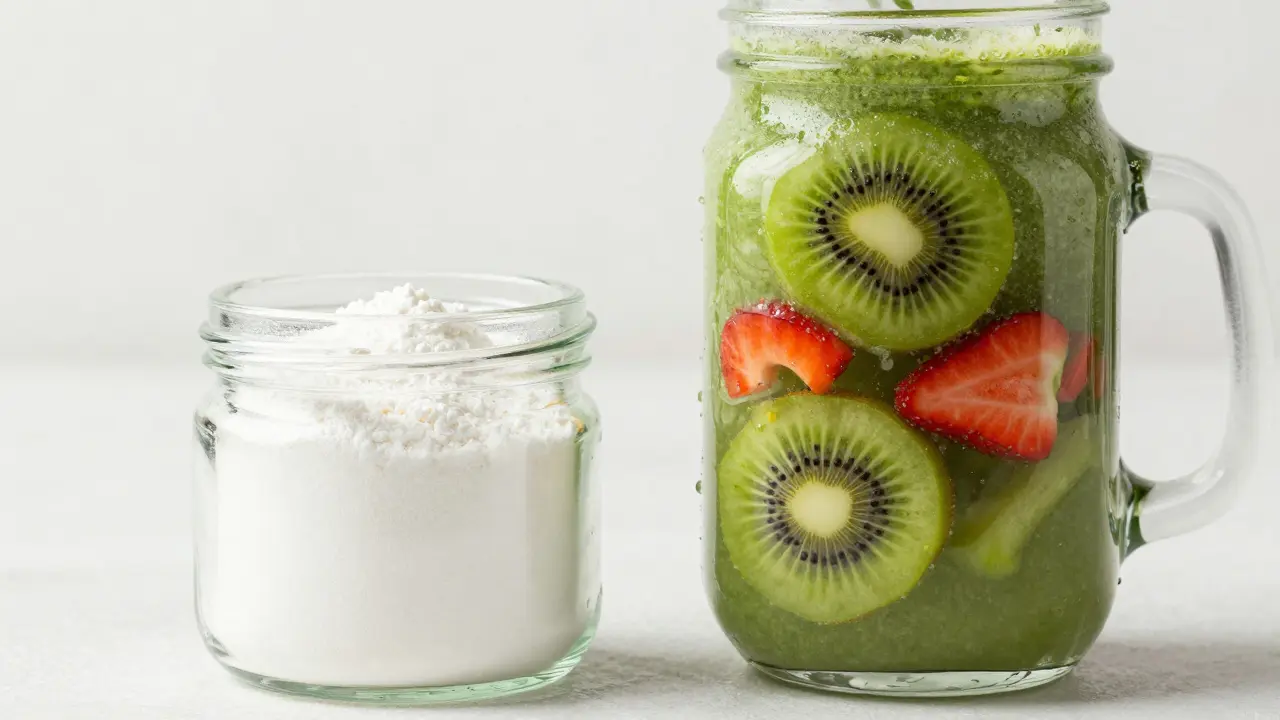 Práškový kolagen vedle zeleného smoothie s kiwi a jahodami