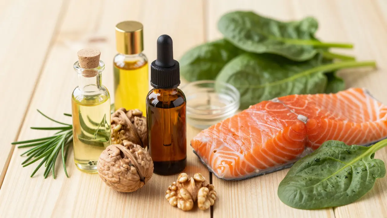 Přírodní ingredience jako rozmarýnový olej a ořechy pro zdraví vlasů
