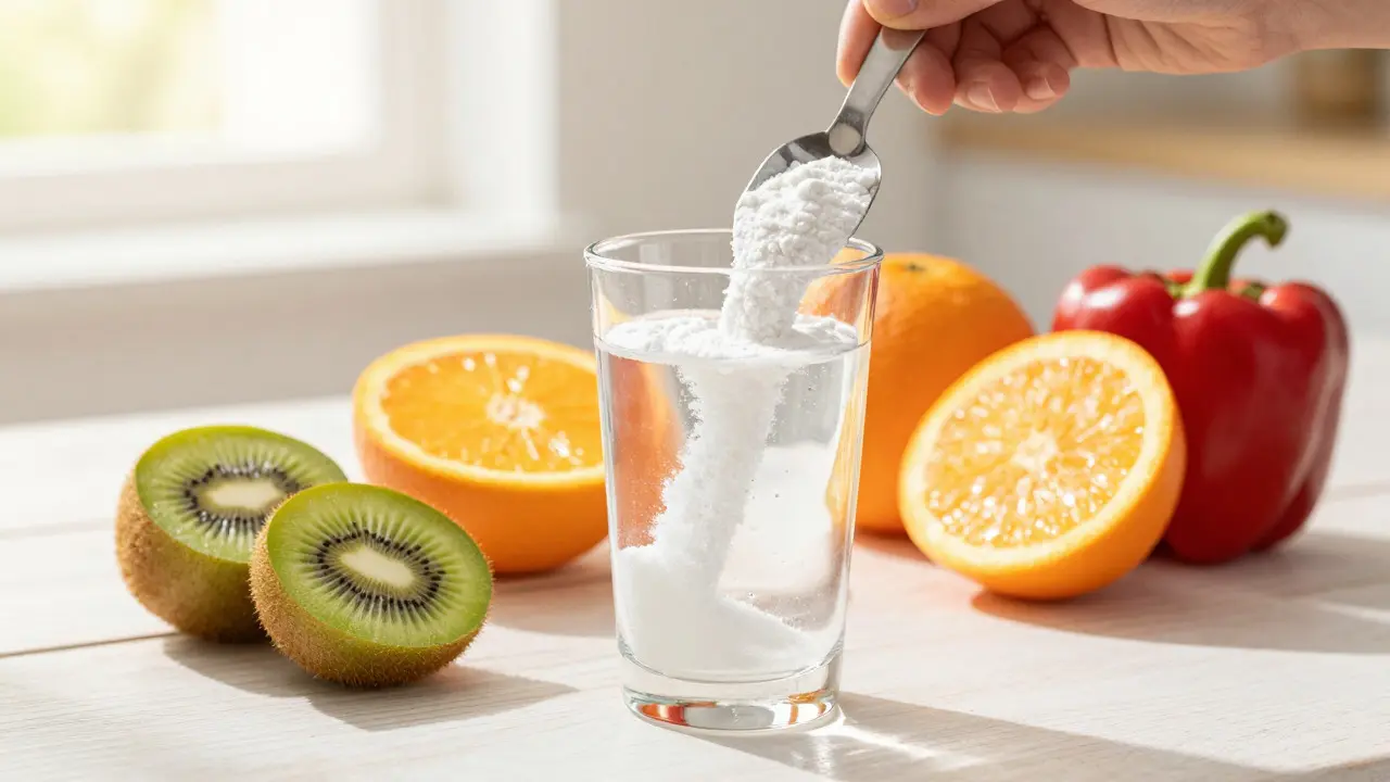 Sklenice vody s kolagenem a ovocem bohatým na vitamin C na stole