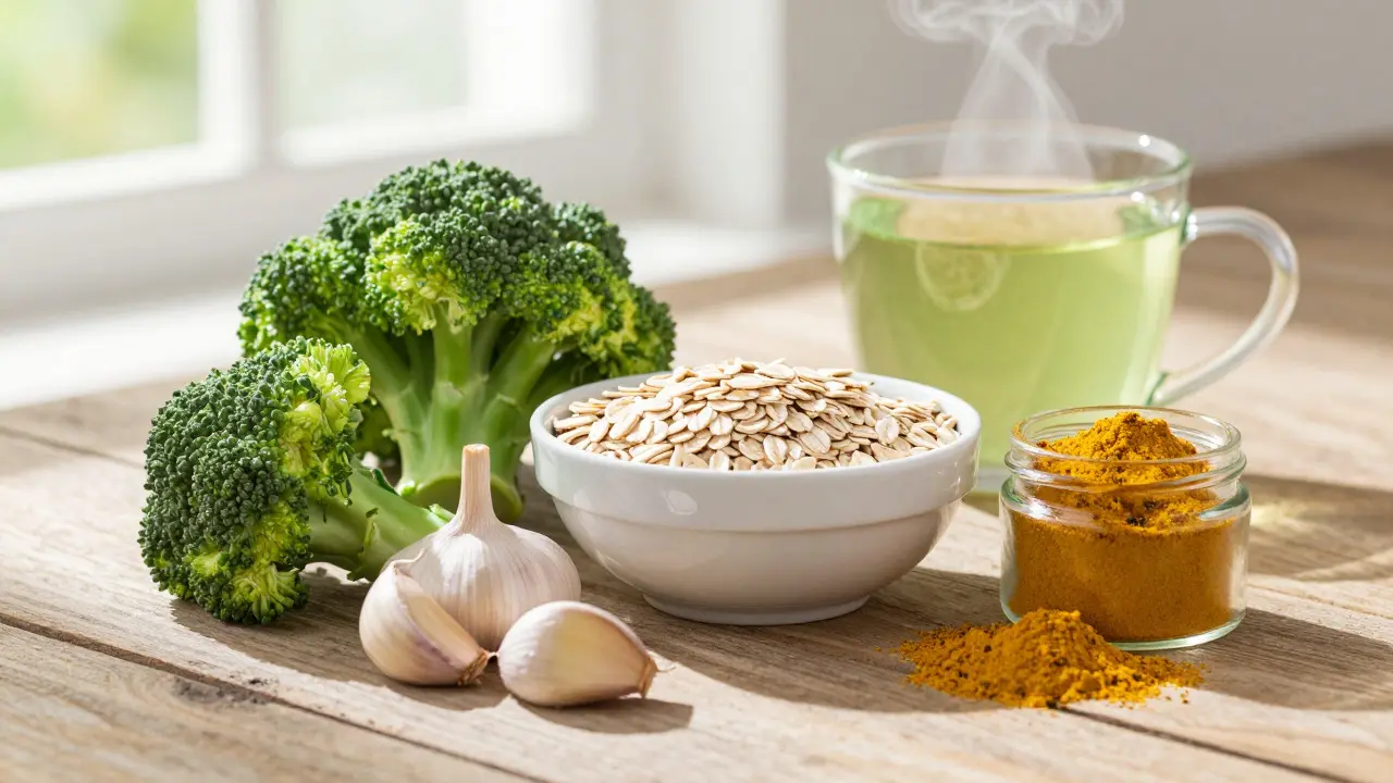 Suroviny pro detoxikaci jater: brokolice, česnek, oves