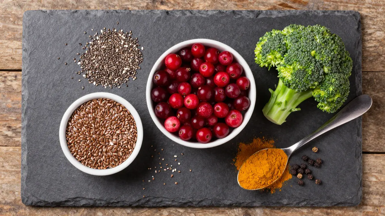 Zdravé potraviny pro detoxikaci: borůvky, lněná semínka a brokolice