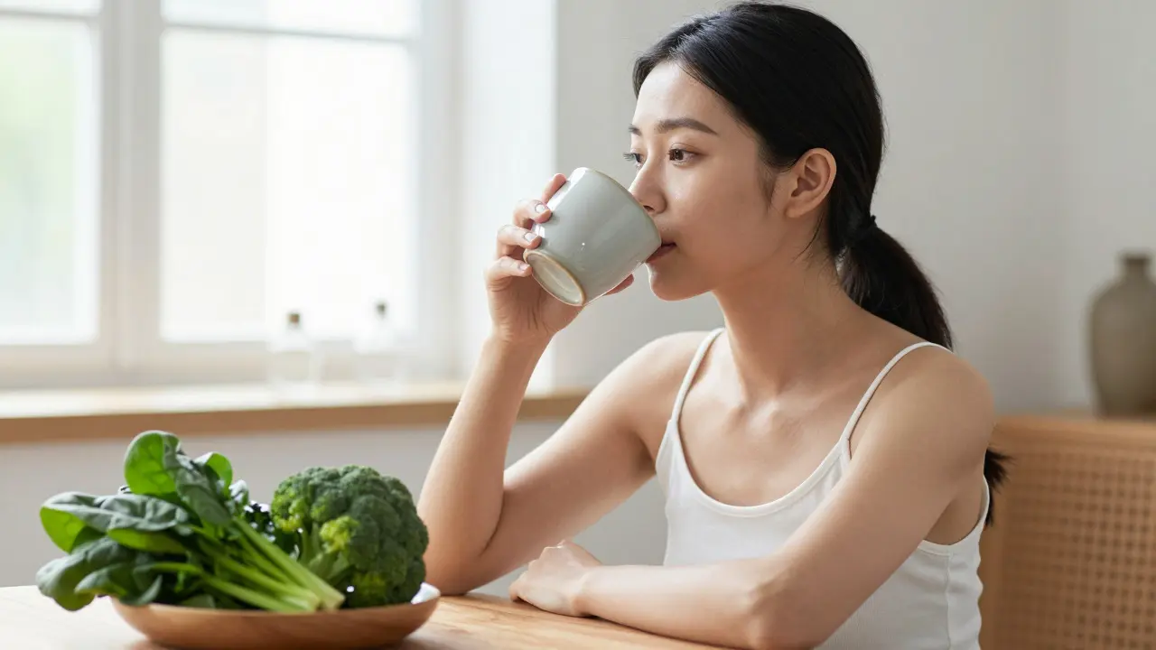 Žena pijící vodu vedle čerstvé zeleniny pro detoxikaci a zdravou pleť