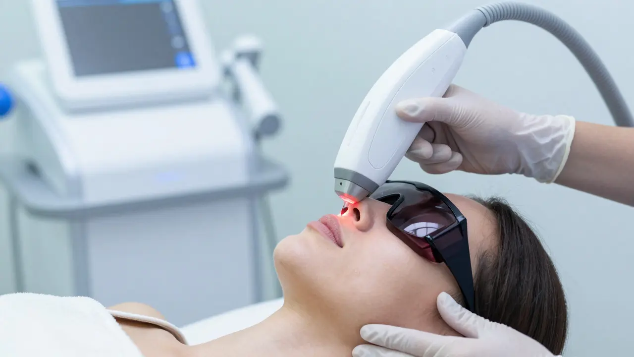 Žena podstupující laserovou epilaci obličeje v klinice