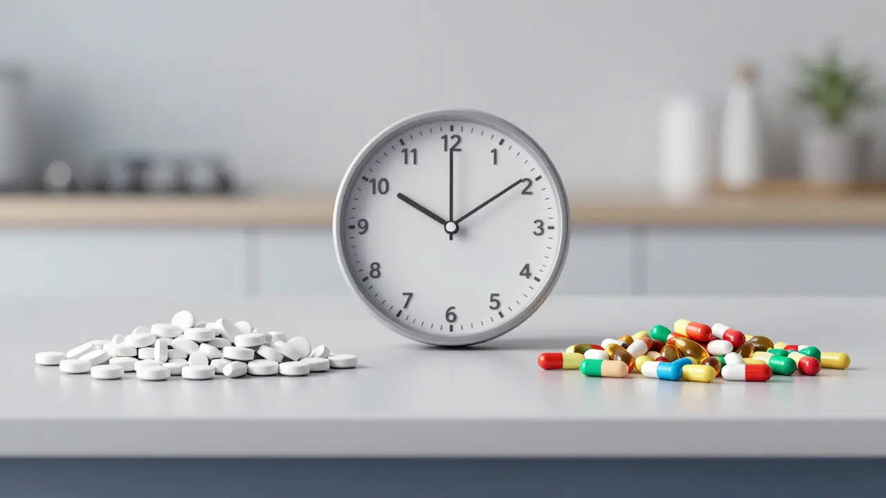 Antibiotika a probiotika oddělené časem na kuchyňském pultu s hodinami