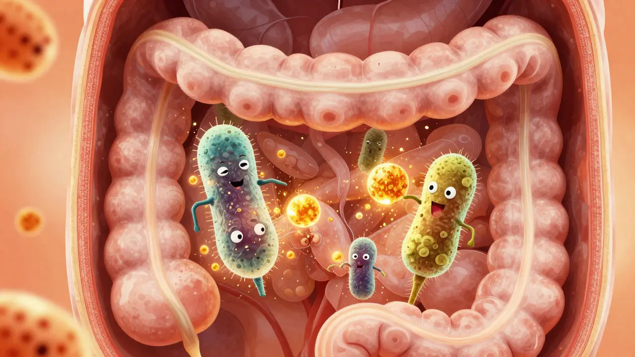 Konceptuální ilustrace prospěšných bakterií ve střevech konzumujících vlákna inulinu