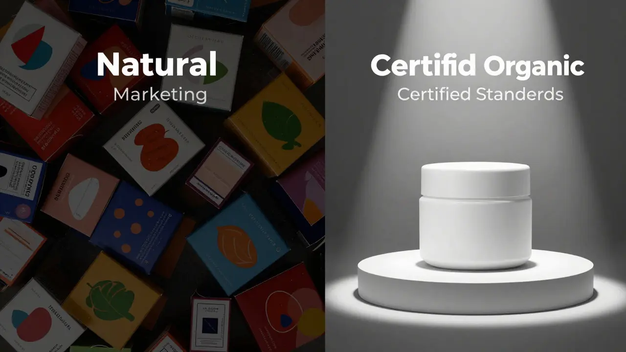 Konceptuální obraz srovnávající zmatek marketingu s čistotou certifikovaných produktů