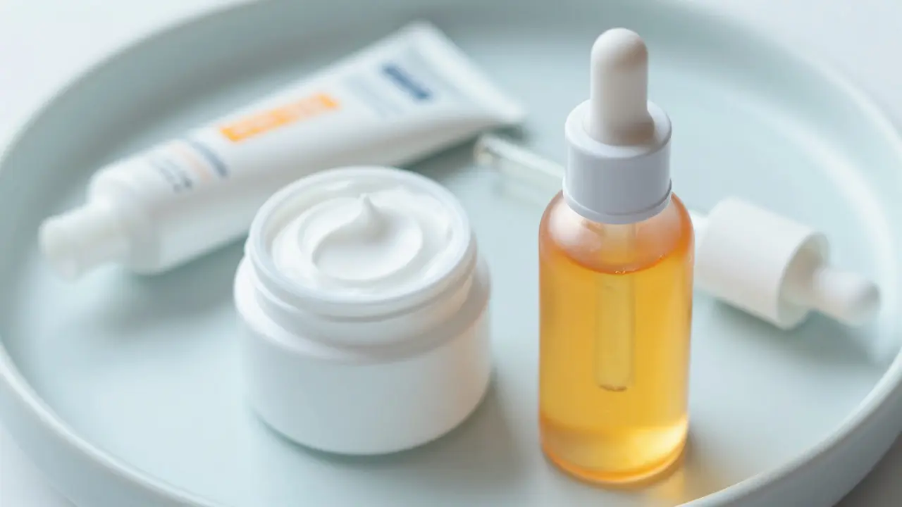 Kosmetické produkty: sérum s vitamínem C, retinol a opalovací krém