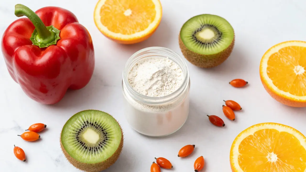 Ovoce bohaté na vitamín C vedle prášku mořského kolagenu
