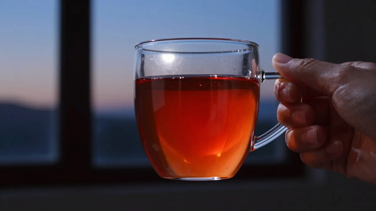 Ruka drží sklenici s červeným rooibos čajem před oknem za soumraku