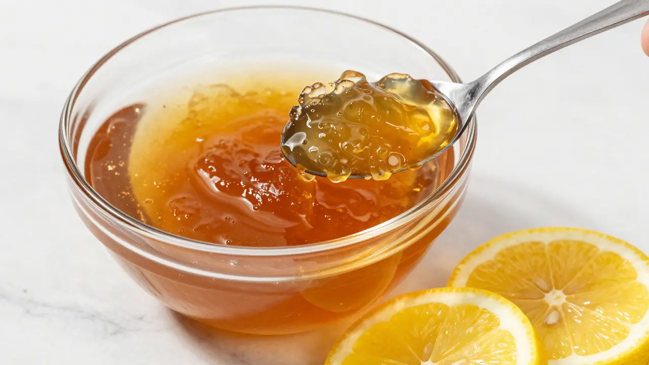 Skleněná miska s tuhým želatinovým kolagenem a citronovými plátky