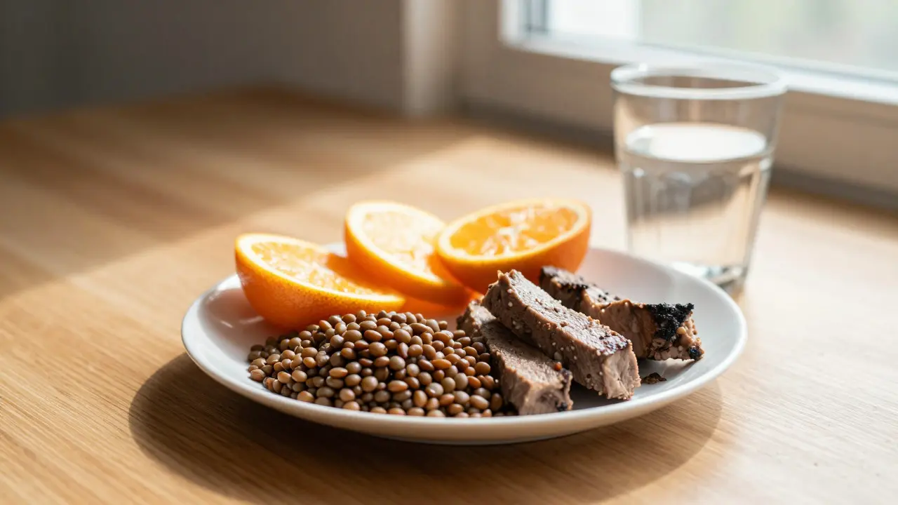 Zdravá snídaně s luštěninami a citrusy vedle okna