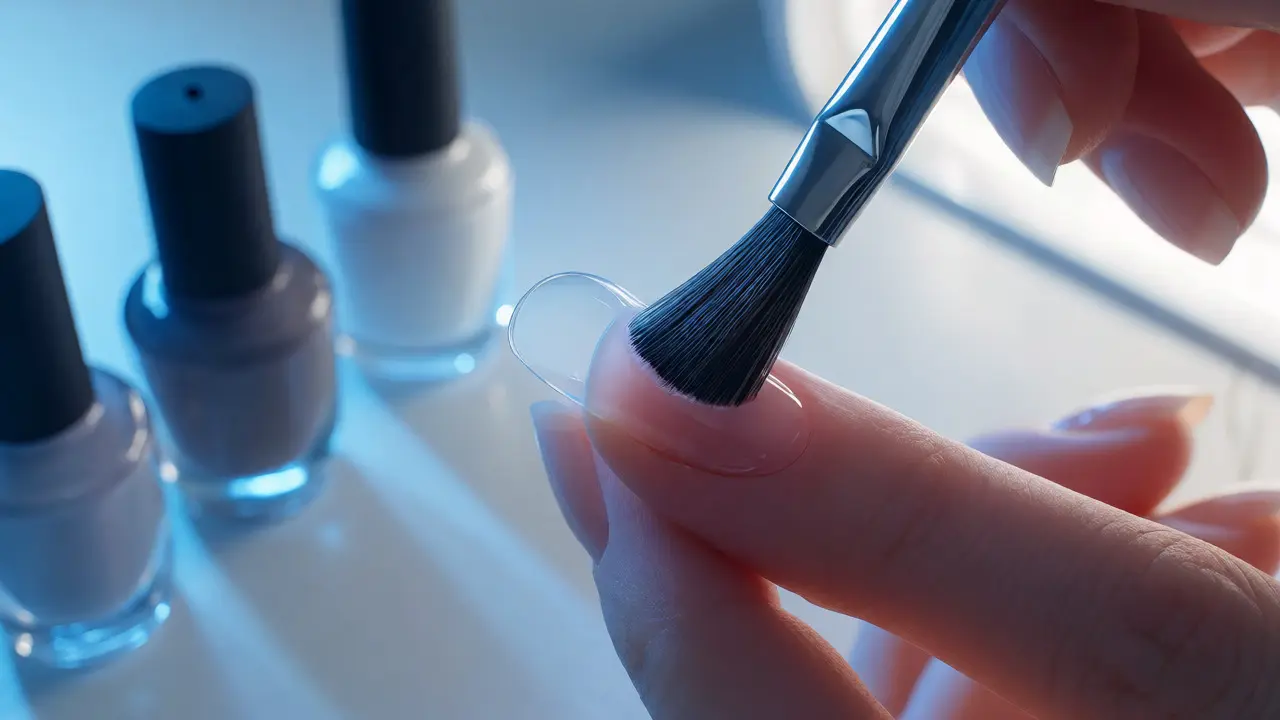 Aplikace tenké vrstvy biogelu na přírodní nehet štětcem za chladného osvětlení.
