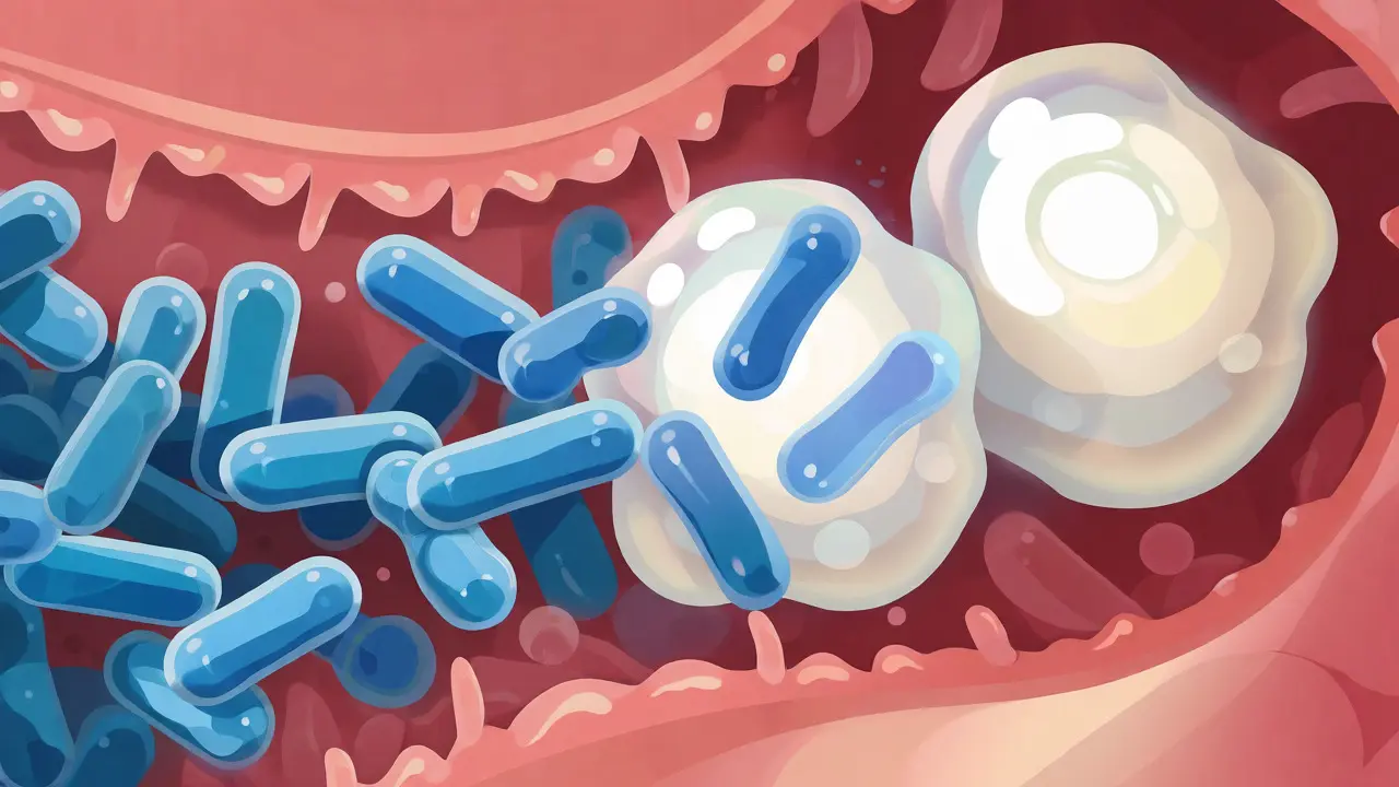 Ilustrace interakce vápníku z mléka s molekulami antibiotika ve střevě.