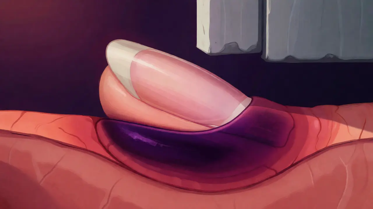 Ilustrace traumatického zranění nehtu s modřinou pod ploténkou.