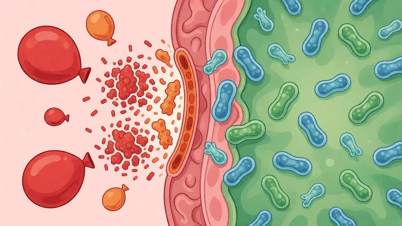 Ilustrace účinku antibiotik na bakterie a obnovy střevní flóry probiotiky