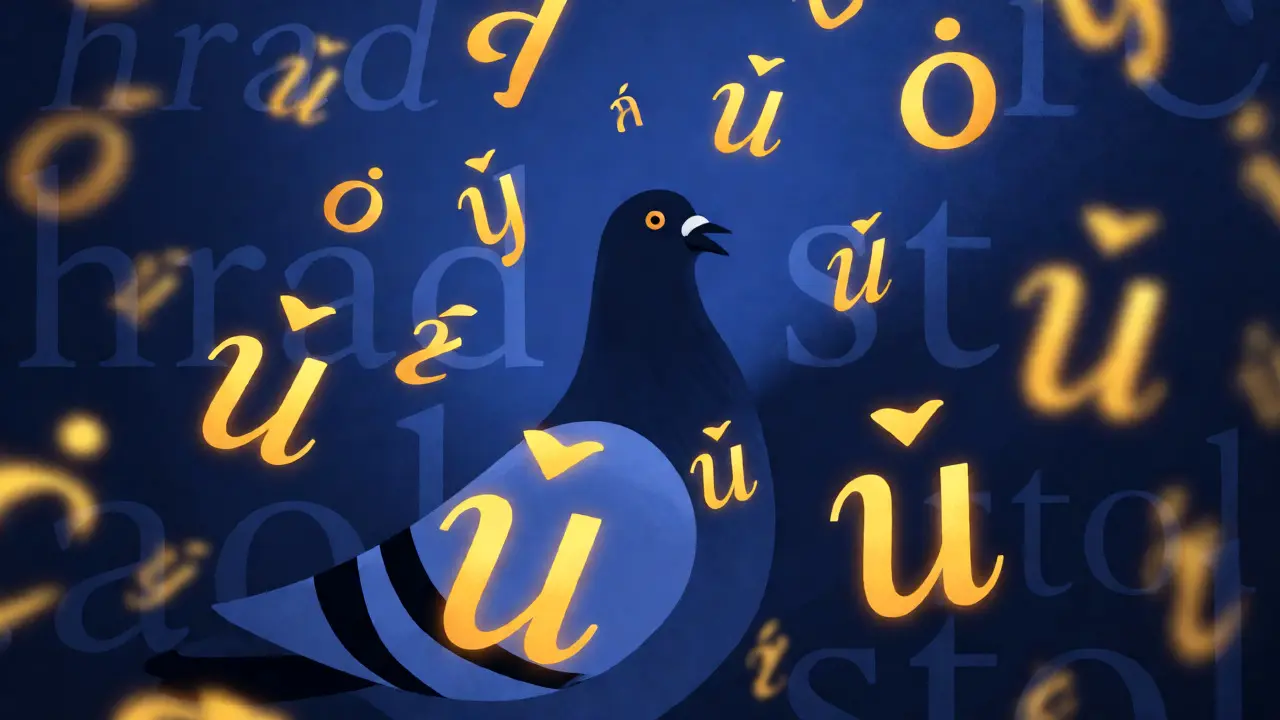 Konceptuální ilustrace gramatiky s holubem a plovoucími písmeny ů