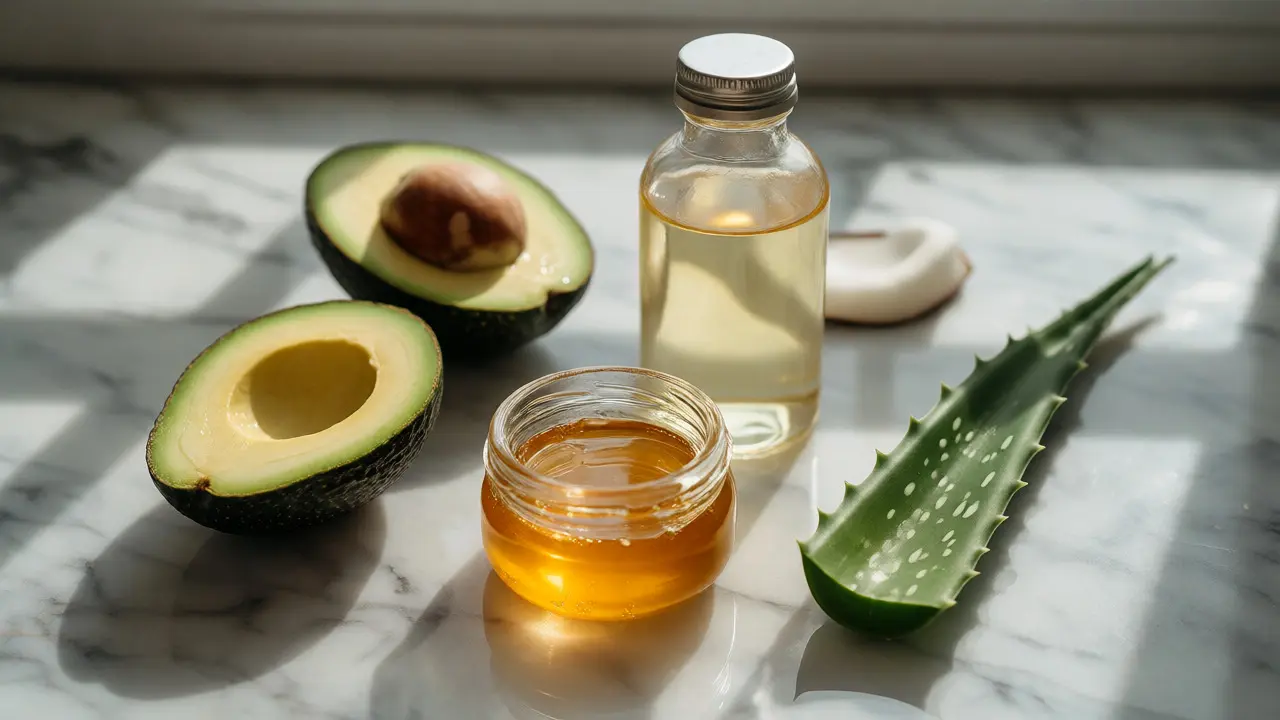 Přírodní ingredience pro domácí masku: avokádo, med, kokosový olej a aloe vera na mramoru.