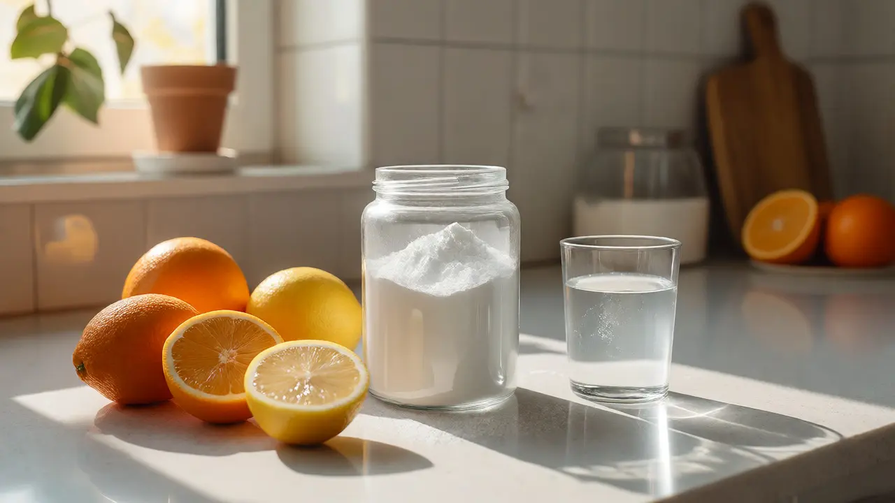 Sklenice s kolagenem a citrusové plody na kuchyňské lince