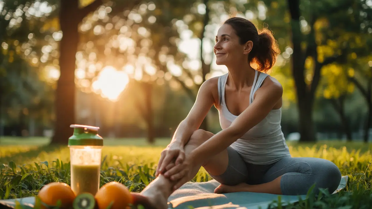 Žena cvičí venku s nápojem obsahujícím vitamin C