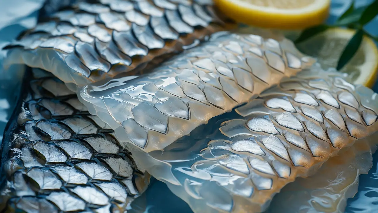 Close-up of fresh fish skins and scales representing marine collagen sources