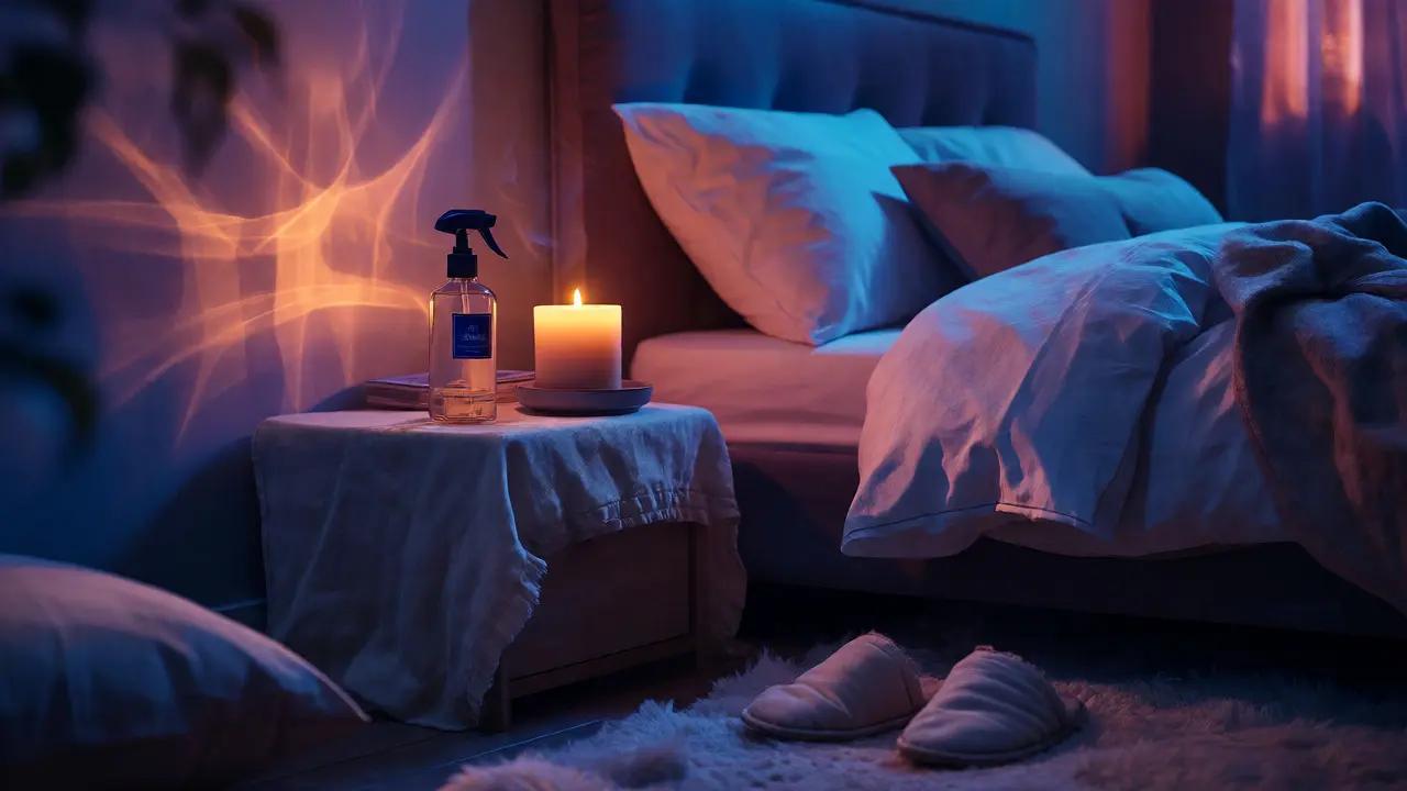Cozy bedroom nightstand with Rituals pillow spray and lit candle