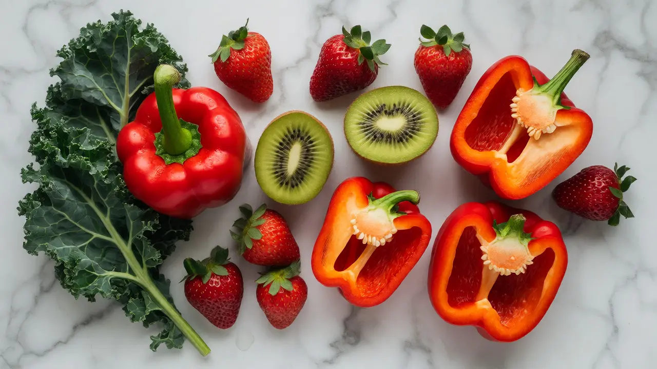 Flat lay of vitamin C-rich foods like red peppers, kiwi, and kale