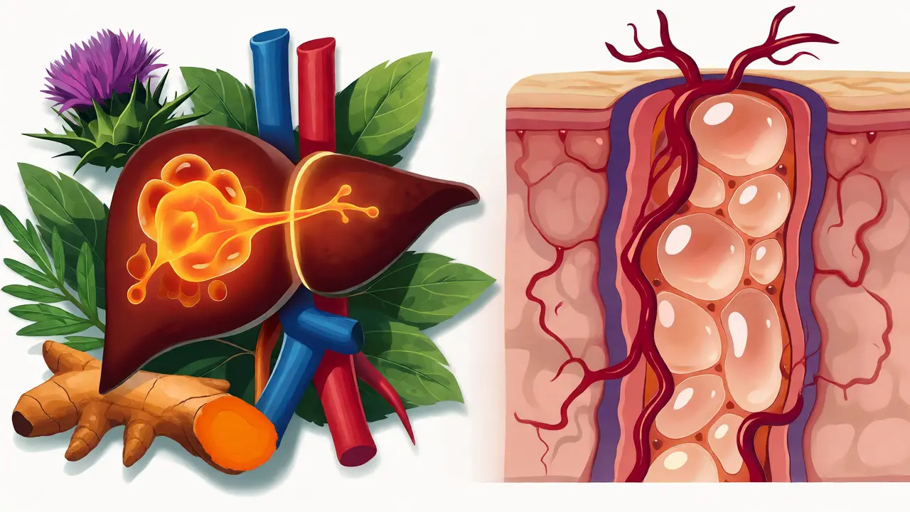 Ilustrace detoxikace jater a regenerace kožních buněk pomocí bylin a hydratace.