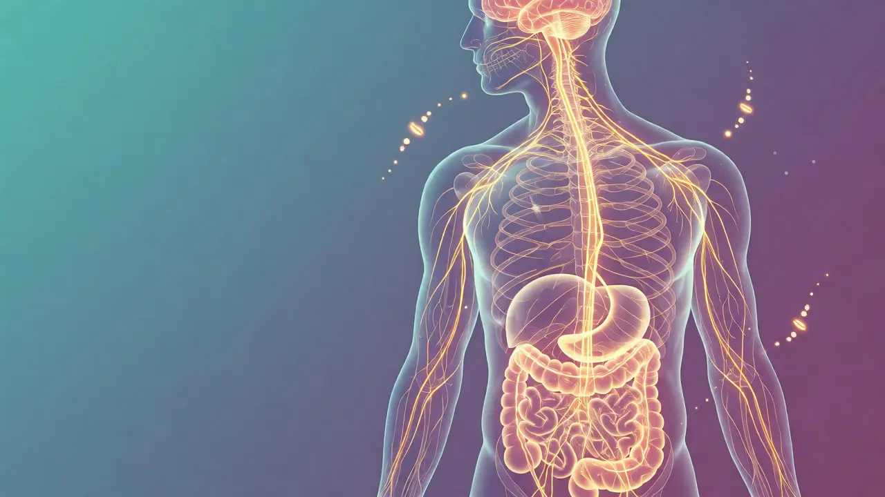 Ilustrace propojení střev a mozku pomocí nervových drah a serotoninu