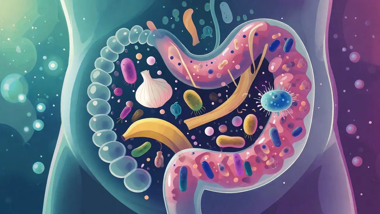 Ilustrace střevního mikrobiomu s probiotiky a prebiotiky