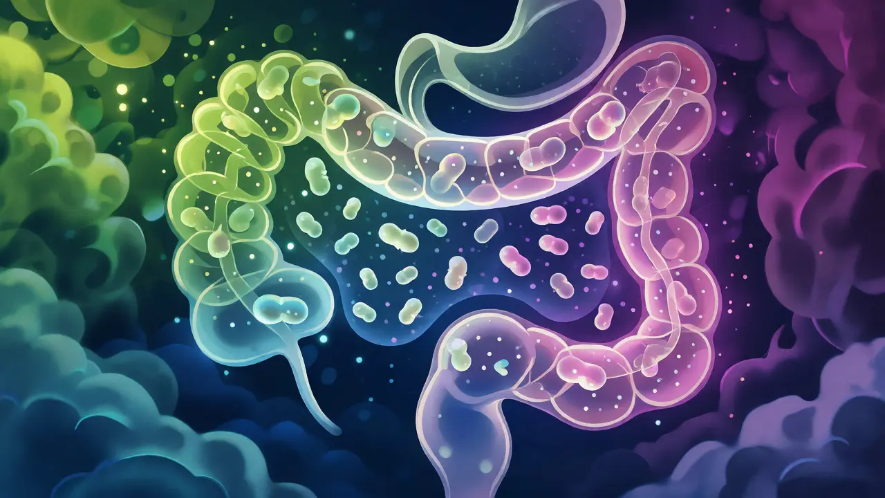 Ilustrace zdravého střevního mikrobiomu a probiotik