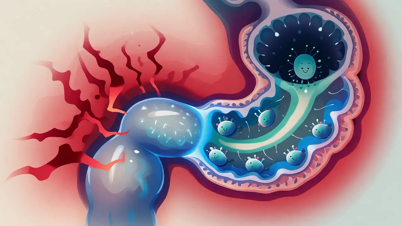 Ilustrace zdravého střevního mikrobiomu s probiotiky