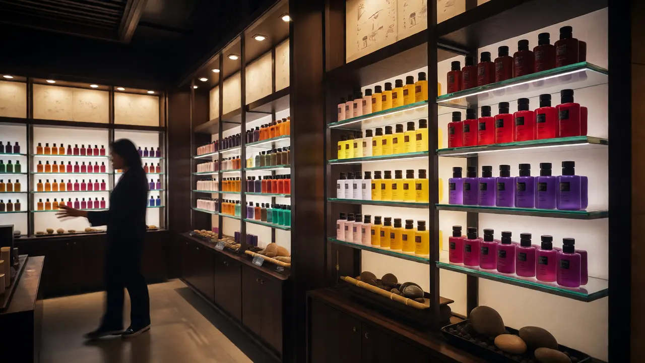 Interior of a Rituals store with shelves of colorful wellness products