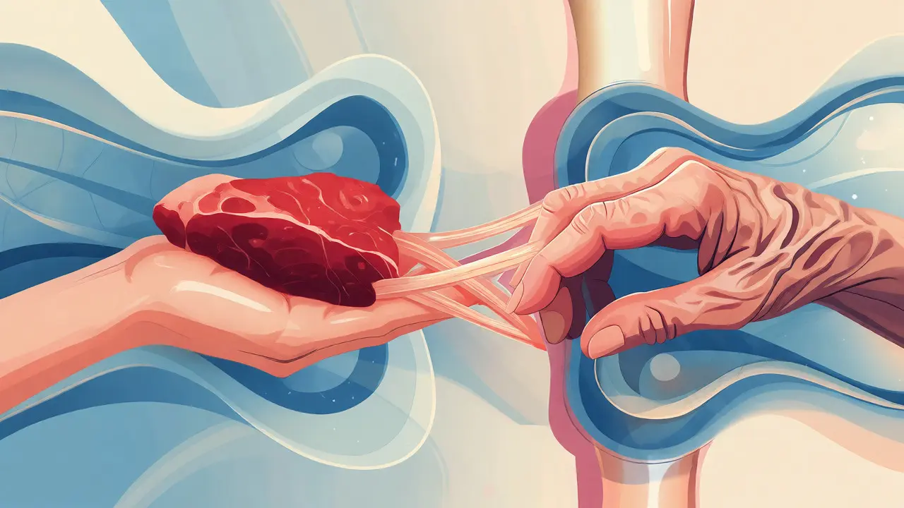 Konceptuální ilustrace propojující mladou a starší kůži pomocí kolagenových vláken