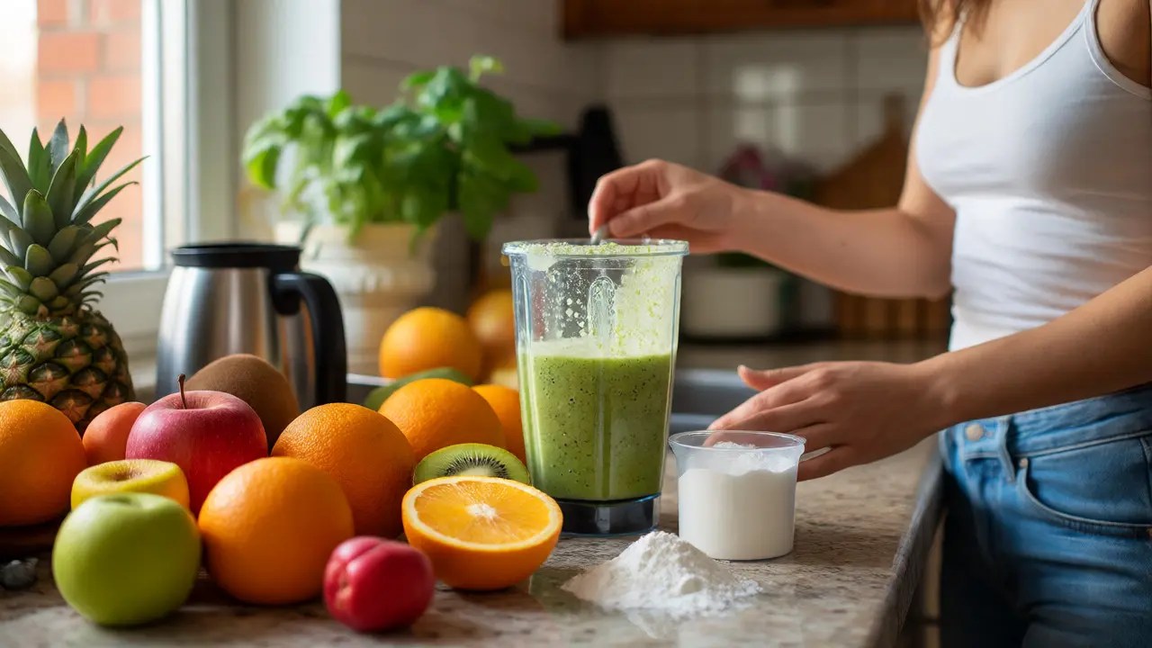 Příprava smoothie s kolagenem a čerstvým ovocem bohatým na vitamín C