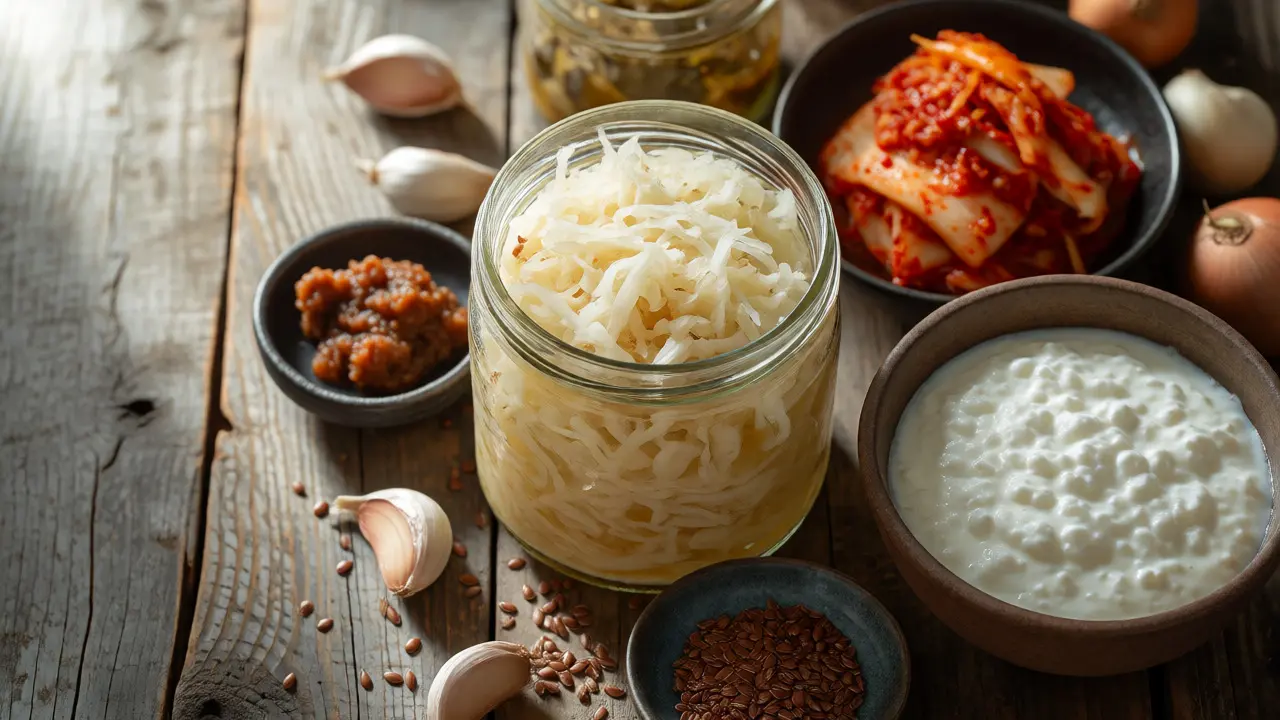 Rustikální stůl s fermentovanými potravinami: zelí, kefír, miso a kimchi