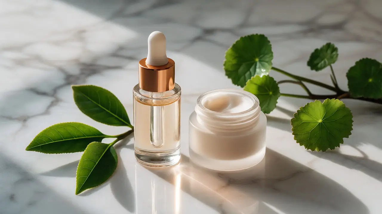 Skincare produkty se zeleným čajem a rostlinami na mramoru